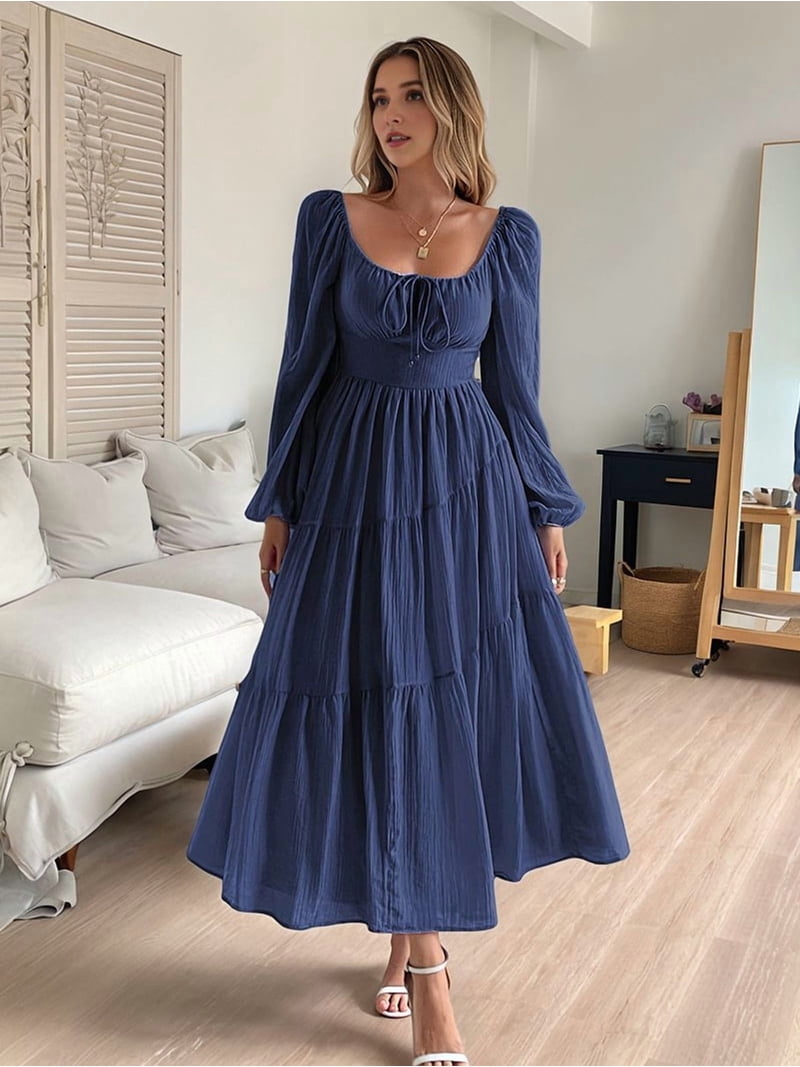 Womens Vacation Style French Dress Long Sleeve Waist Tied Casual Midi Dress Elegant Green L Womens Vacation Style French Dress Long Sleeve Waist Tied Casual Midi Dress Elegant Green L