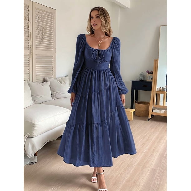 Jaimenalin Womens Vacation Style French Dress Long Sleeve Waist Tied Casual Midi Dress Elegant Navy Blue XL, Women's