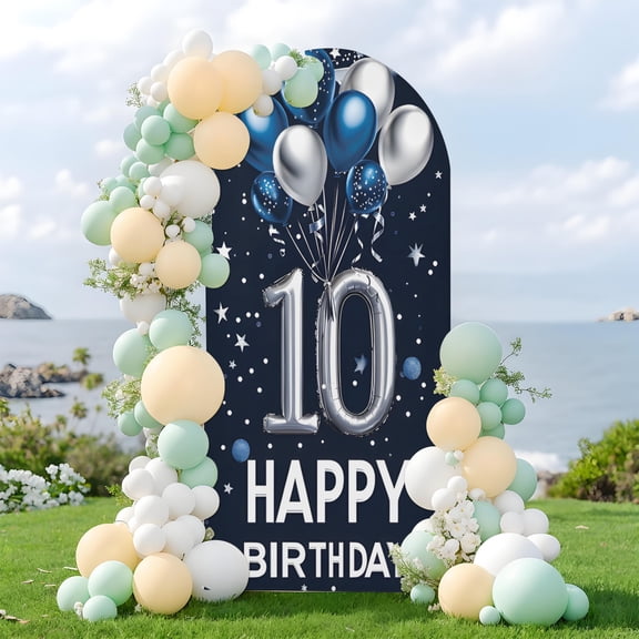 1Pcs 10th Birthday Arch Door Cover Decoration 3.9x1.6FT Navy Blue and Silver Themed for Tenth Birthday Party Supplies, Happy 10 Years Old Photo Booth Backdrop Wall Decor for Celebration