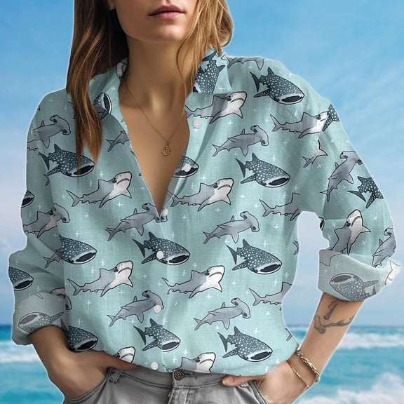Shark Print Women's Casual Shirt, Cute Ocean Animal Blouse, Beach Vacation Button Shirt, Summer Sea Life Shirt, Coastal Gift For Her
