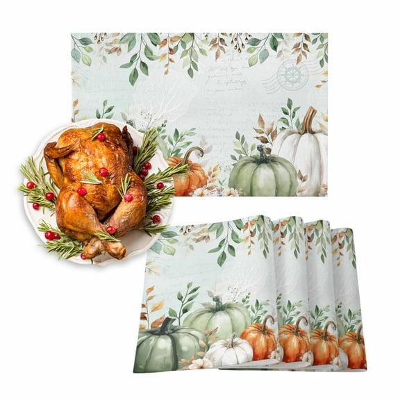 Fall Placemats Set of 6 Sage Green Pumpkin Place Mats Thanksgiving Placemat Floral Eucalyptus Leaf Table Mats for Dining Kitchen Table Holiday Dinner Party Home Fall Decorations 13x19 Inch