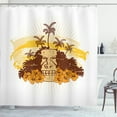 thumbnail image 1 of Sunburst Shower Curtain, Grunge Style Tropical Tiki Structure and Palm Trees in Design, Fabric Bathroom Set with Hooks, 69W X 84L Inches Extra Long, White Redbrown Ecru and Orange, by Ambesonne, 1 of 3