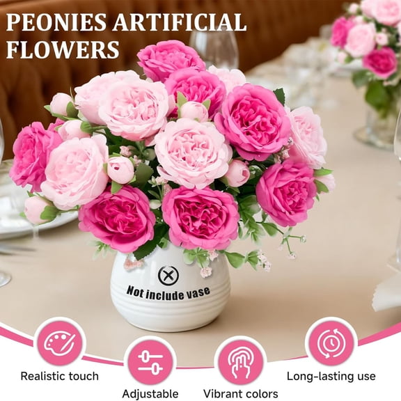 UV Resistant Artificial Flowers Indoor with Green Leaves, Realistic Faux Flowers Bouquet, All Weather Decor for Garden Porch Wedding Vase Arrangement(Pink)