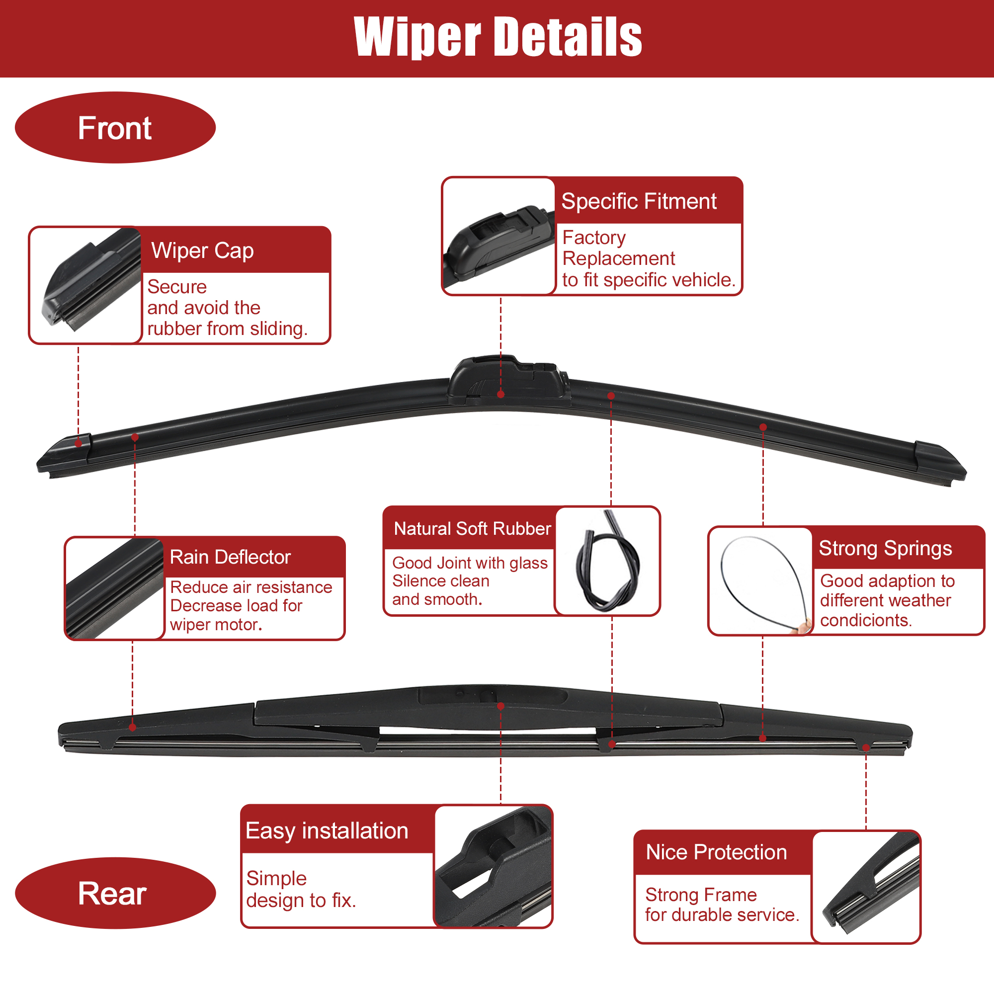 Unique Bargains 3 Pcs 28" 13" 14" Front Rear Windshield Wiper Blade Set Fit for Honda Fit with J / U Hook Black