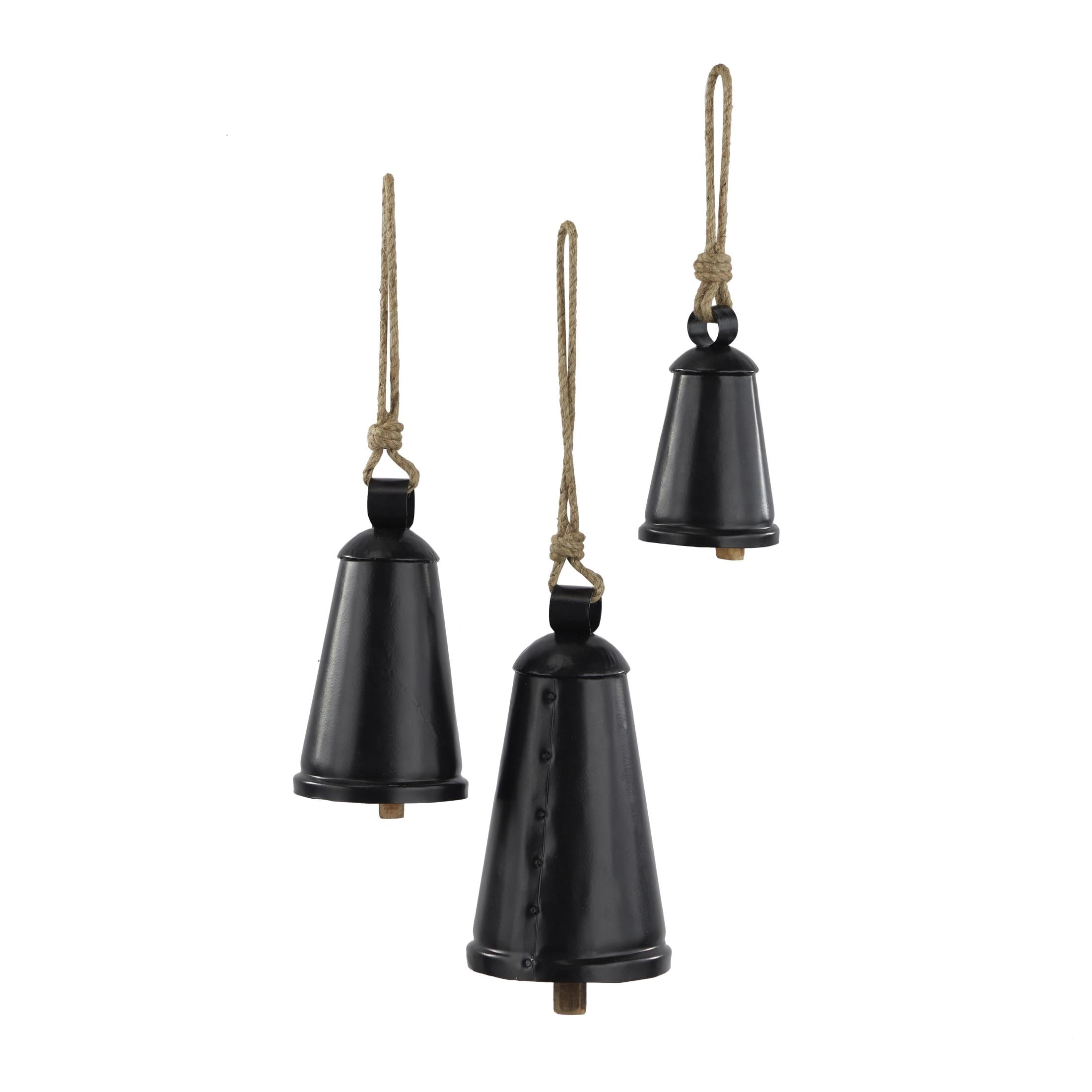 DecMode Tibetan Inspired Black Metal Conical Decorative Cow Bells with Jute Hanging Rope, 3 Count
