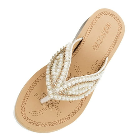 

Large Size Sandals Pearl T Strap Sandals for Women Leaf Accessories Sandals Fashionable Womens Wedges Sandals of The Same Bling Sandals for Women Style As internet Celebrities