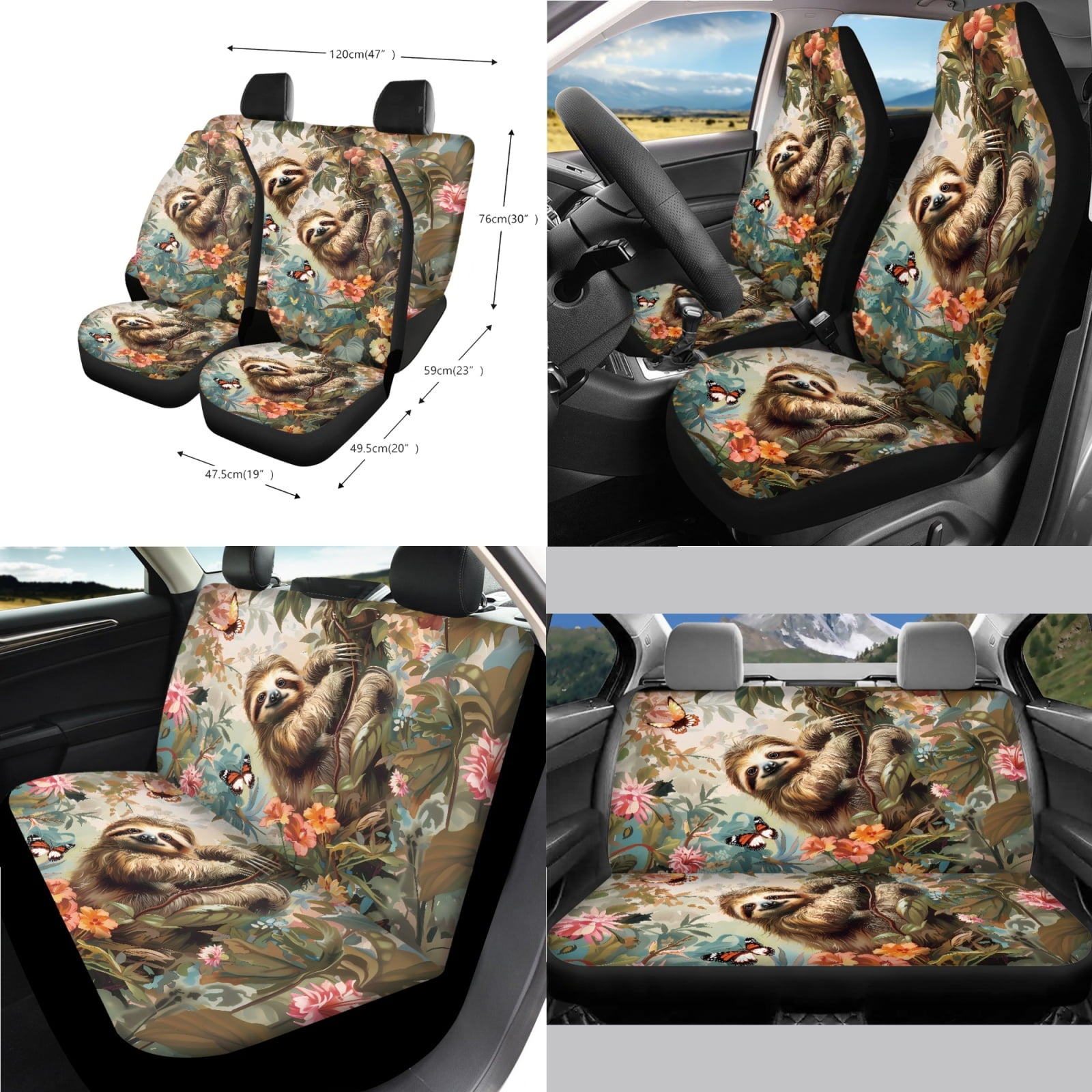 Jeiento Sloth 14 PCS Car Accessories Set Car Seat Protector Steering Wheel Cover Seatbelt Strap Pad Trash Can Armrest Cover Pad Cup Coasters Rearview Mirror Cover Handbrake Cover Set for SUV Truck