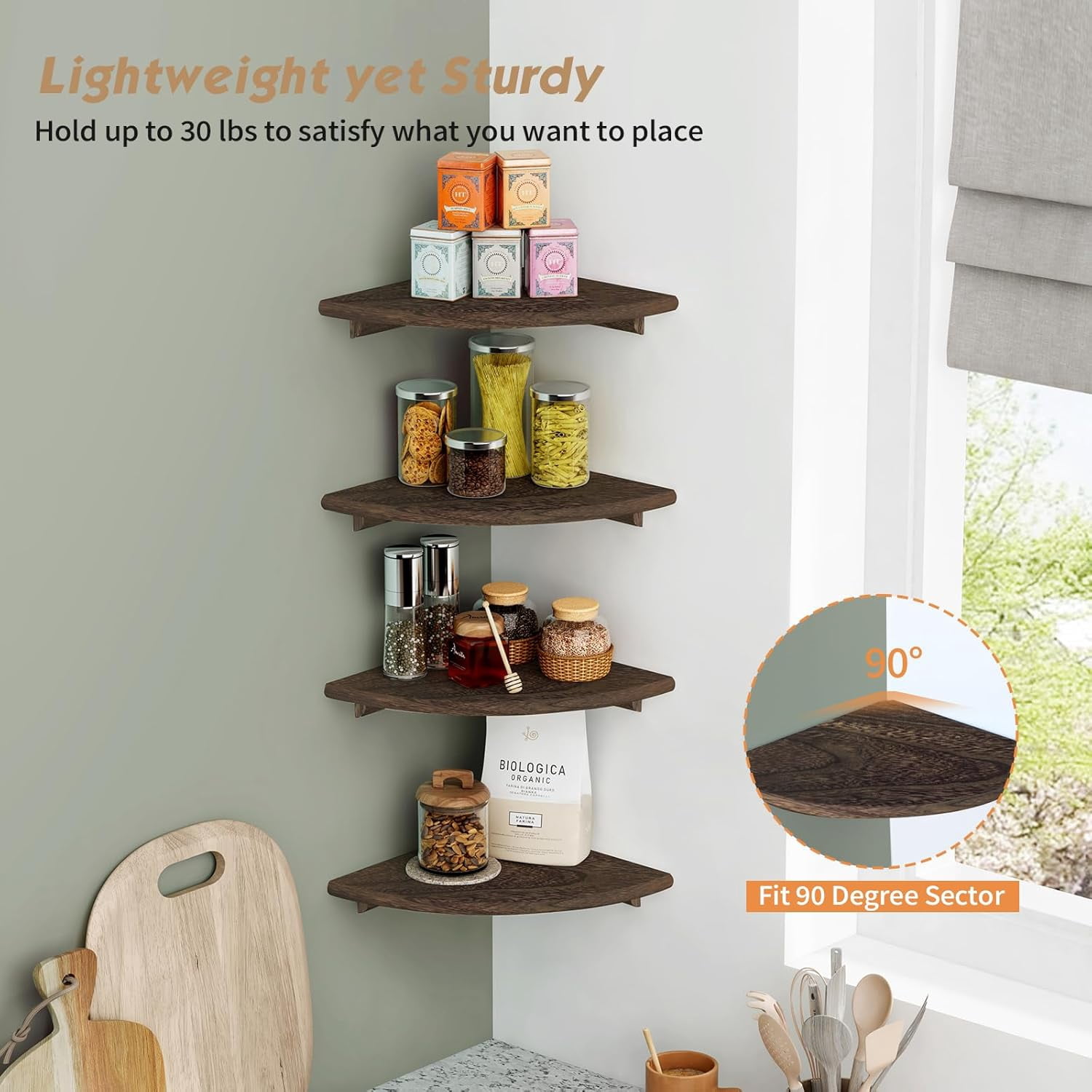 Floating Corner Shelves for Wall Set of 4, Small Corner Bookshelf for Bedroom Books, Round Wooden Corner Shelf Wall Mount for Bathroom Plants, Kitchen, Living Room Decor (Dark Brown)