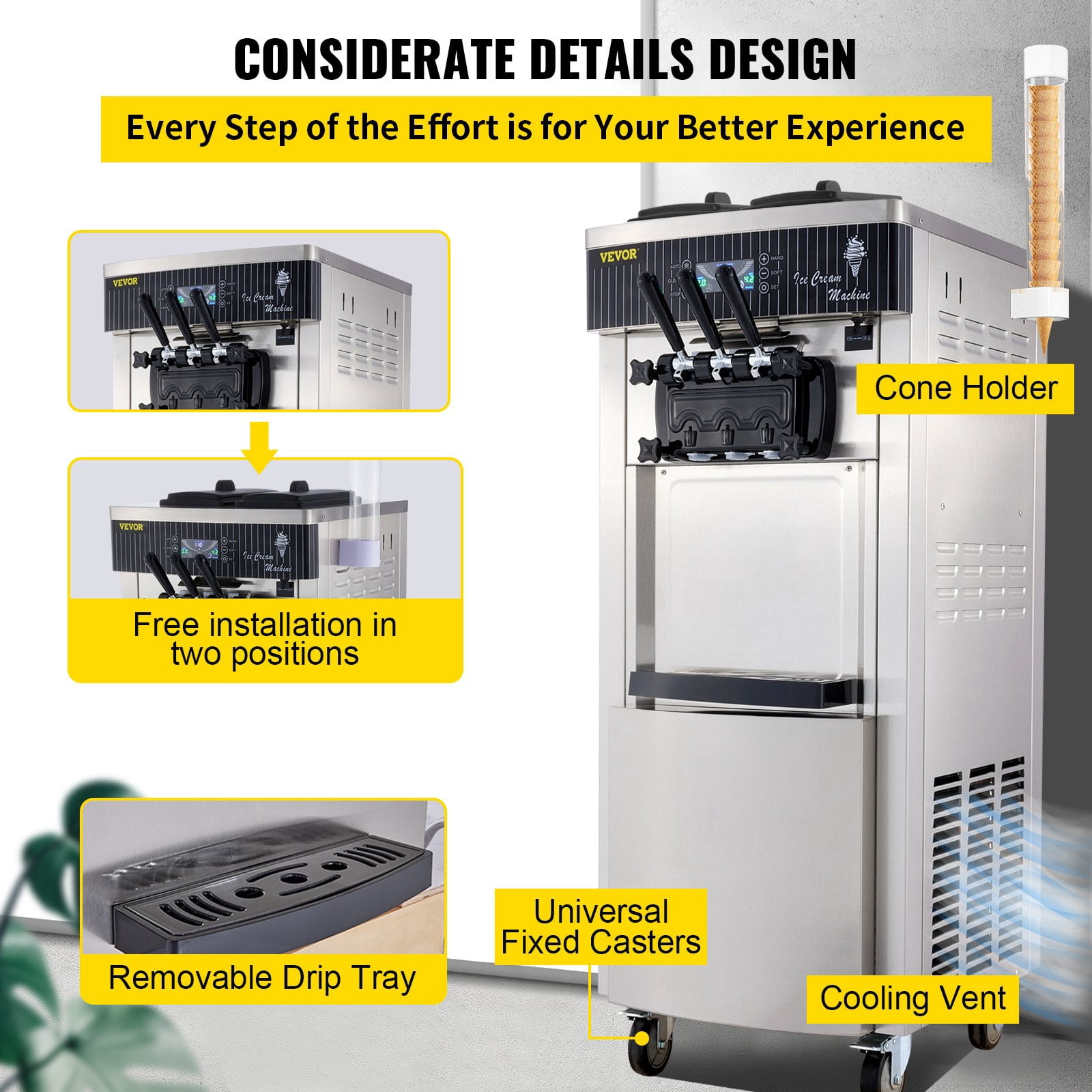 SHENGJINSH Commercial Soft Ice Cream Machine, 3 Flavors Ice Cream Maker, 2200W Serve Yogurt Maker, 5.3 to 7.4 Gal/H