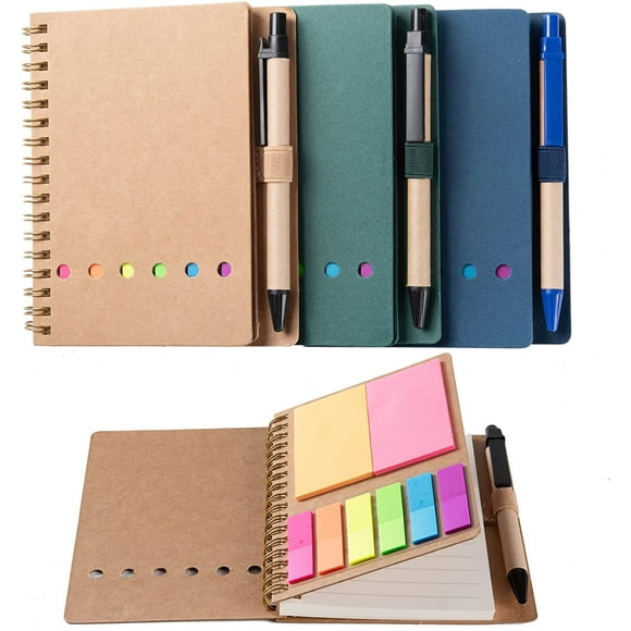WILFANS 3 Packs Spiral Notebook Steno Pads Lined Notepad with Pen in Holder, Sticky Notes, Page Marker Colored Index