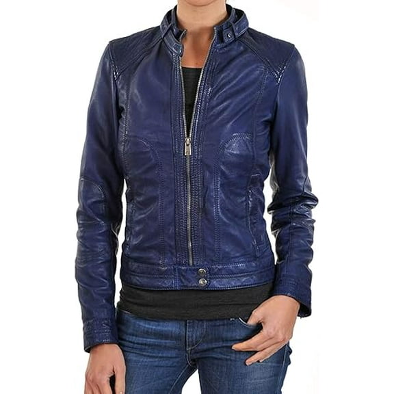Celebrity Women's Blue Lambskin Leather Jacket Motorcycle Slim Fit Biker W698