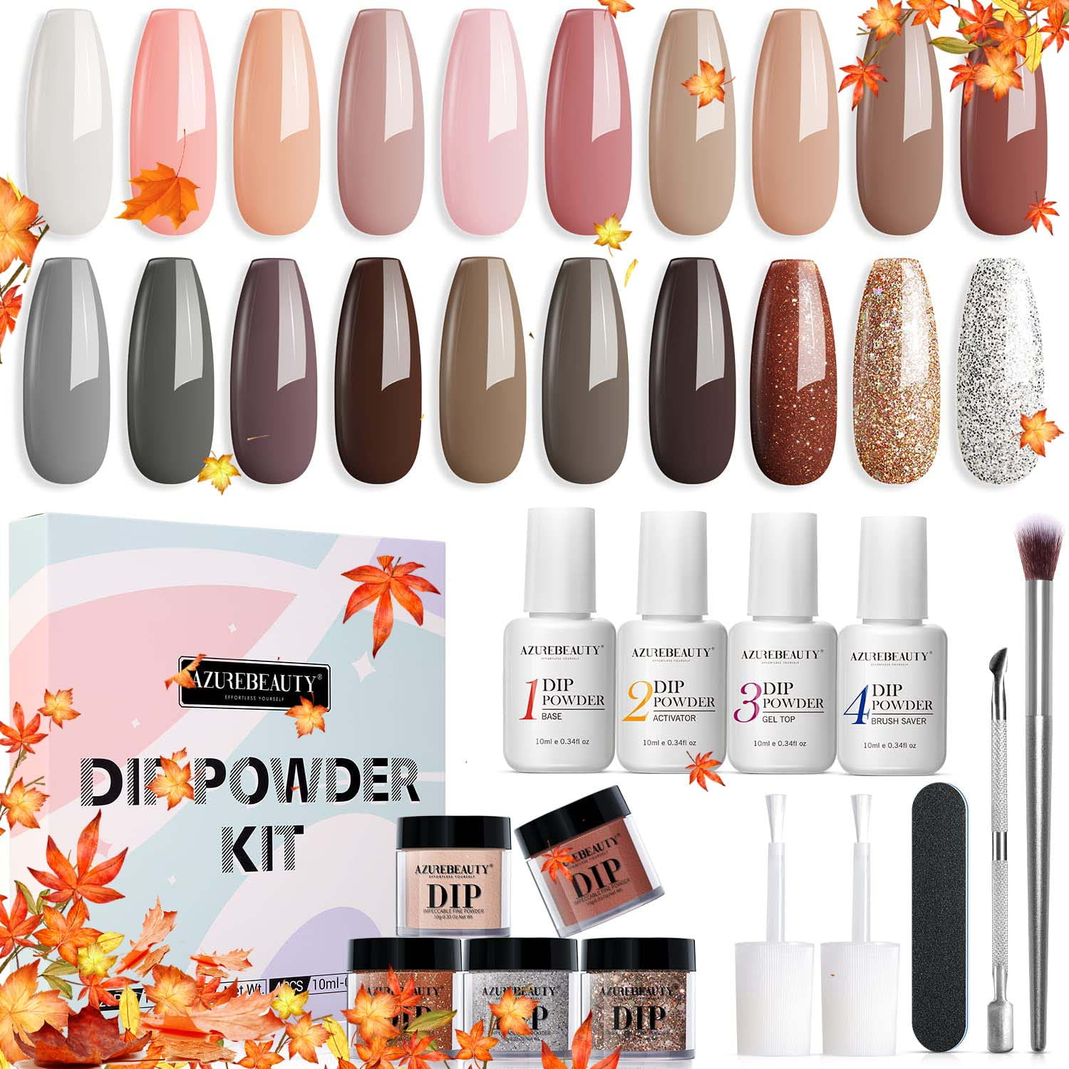 AZUREBEAUTY 20 Colors Dip Powder Nail Kit Starter,Nude Glitter Pink Neutral  Chocolate Brown Skin Tone Dipping Powder Liquid Set with Top/Base Coat for  French Nail Art Manicure Christmas - Walmart.com