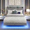 thumbnail image 2 of Full Size Floating Bed Frame with LED Lights, Upholstered Platform Bed Frame with Charging Station & Storage Headboard, 2 of 8