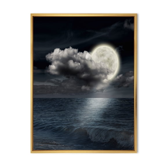 Designart 'Full Moon Night in Cloudy Sky VI' Nautical & Coastal Framed Canvas Wall Art Print