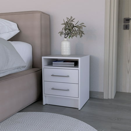 Nightstand with 2 Storage Drawers and Open Shelf Modern Engineered Wood Bedside Table for Bedroom White Finish 23.97 H x 17.71 W x 15.86 D Functional Bedside Organizer Table
