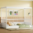 thumbnail image 3 of Canopy Bed Frame with Guardrails for Kids, Twin Size Floor Bed with Four Poster Design, White Pine Wood Montessori Bed, Low Profile Floor Bed with 21.45-Inch Guardrail, 3 of 9