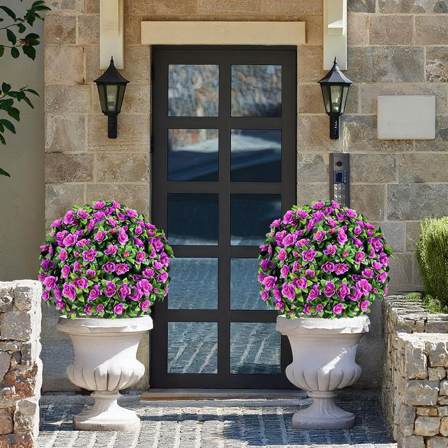 Yastouay 2 Pack Artificial Flowers Topiary with Ground Spikes Fake Bushes UV Resistant Faux Shrubs for Outdoor Garden Decor(Purple)