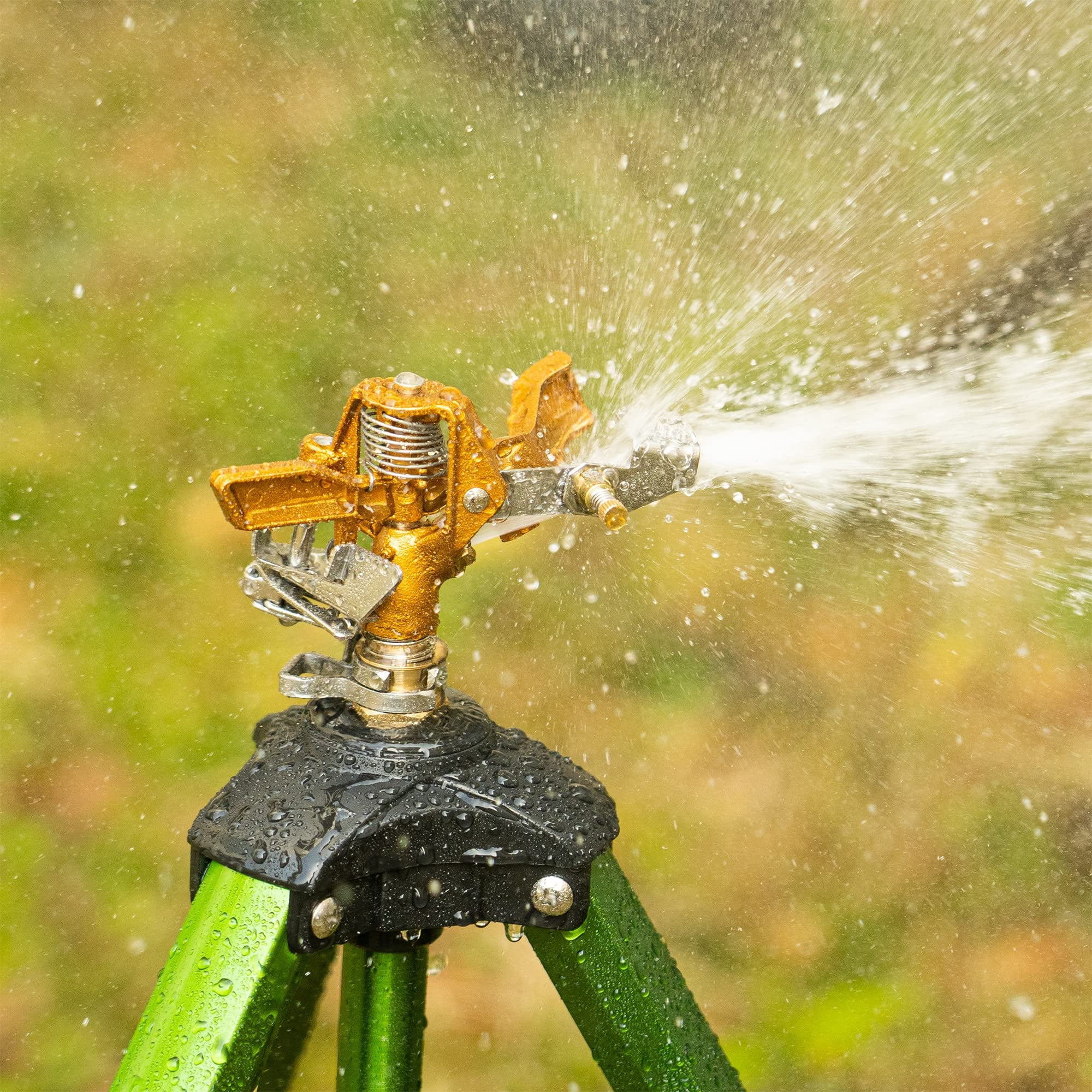 Impact Sprinkler On Tripod Base  Heavy Duty Brass Sprinklers For Yard Lawn Garden 0-360 Degree Large Area Coverage 3/4 Inch Connector Extension Flip Locks With Head