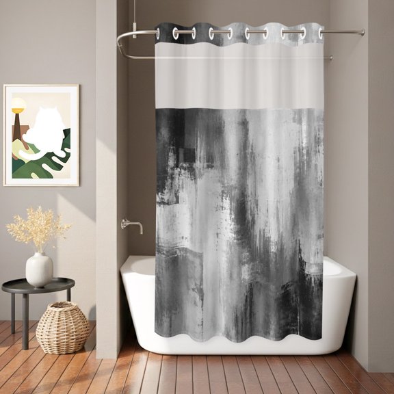 Black and White Graffiti Shower Curtain, Abstract Art Mottled Texture Modern Waterproof No Hooks Bath Shower Curtain with See Through Top Window for Bathroom Bathtub 36x78in