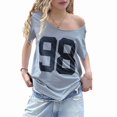 thumbnail image 2 of Women'S Oversized Off Shoulder Shirt Crewneck Number Graphic T Shirt Y2k Summer Going Out Tops Blue Round Neck L, 2 of 9