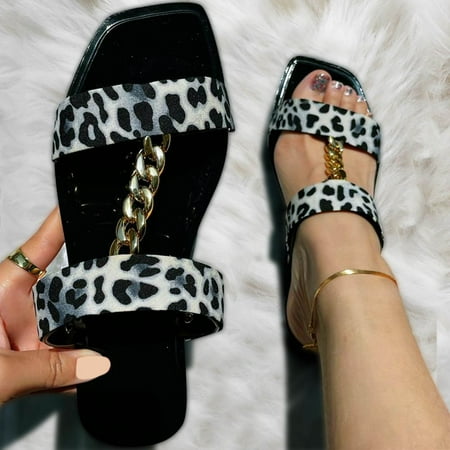 

Womens Shoes Summer Slippers Metal Chain Square Toe Slippers Fashion Flat Plus Size Leopard Print Slippers Hippo Slippers for Women Memory Foam House Slippers for Women Slippers Women Size 8.5 Women