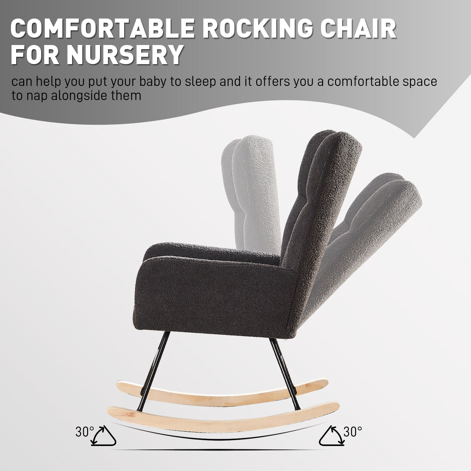 Ouyessir Nursery Rocking Chair Teddy Fabric Upholstered Glider Rocker Comfy Accent Chair with High Backrest for Living Room Bedroom Office(Dark Gray)