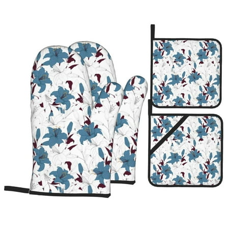 

Oven Mitts and Pot Holders 4 Piece Blue WhiteLilies Flowers High Heat Slip Resistant Oven Mitt and Trivets Set Kitchen Oven Glove Pot Holders for Cooking Baking Grilling