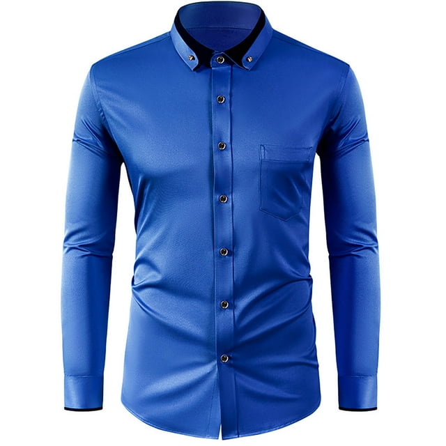 RXIRUCGD Chemise Décontractée pour Homme à Manches Longues avec Boutons, Poche et Col Rabattable, Bleu Foncé, Taille : 2TG