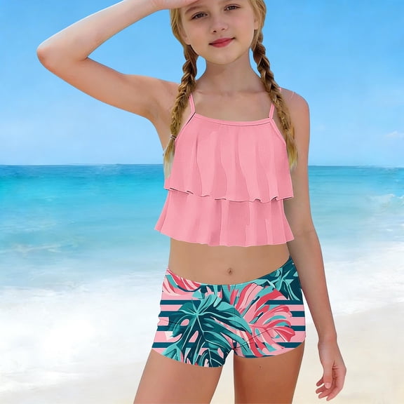 Mifsaly Girls Swimsuit Tankini 2 Piece Kids Ruffle Bathing Suit Set Printed Palm Leaf Shorts Teen Summer Beach Pool Swimwear Size 6-15