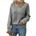 thumbnail image 2 of Uootdi Womens Long Sleeve Shirts Striped V-Neck Rib Knit Slim Fit Tops Gift Casual Stretch Basic Tee Going Out Top Fall, 2 of 7
