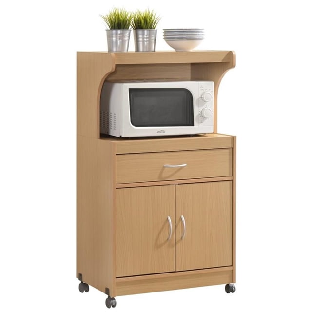 Pemberly Row Microwave Kitchen Cart with Utenstil Drawer and Storage Cabinet in Beech