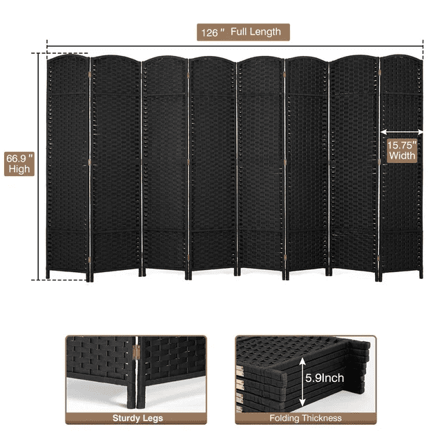 CL.HPAHKL 8 Panel Room Divider 5.57 ft Tall, Folding Privacy Screen with Hand-Woven Design & Solid Wood Frame, Freestanding Room Partition Panel for Home, Office, Black
