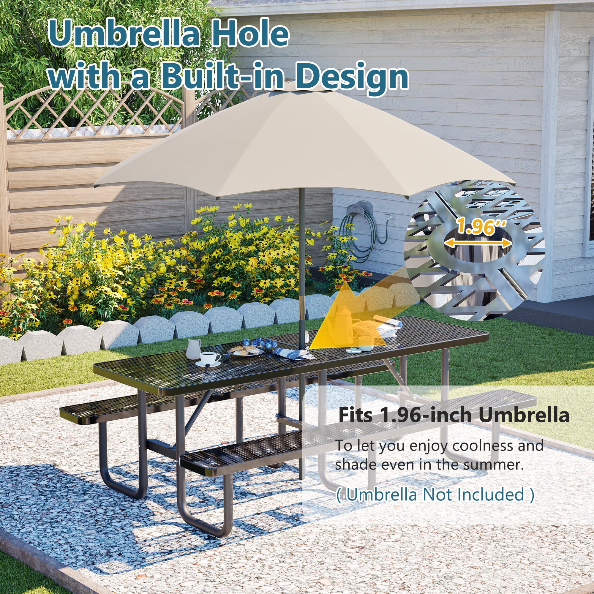 Outdoor Picnic Table Bench Set for 10-Person,All Weather Metal Patio Dining Furniture with Umbrella Hole & 2 Benches for Backyard,Picnic,Camping,Black