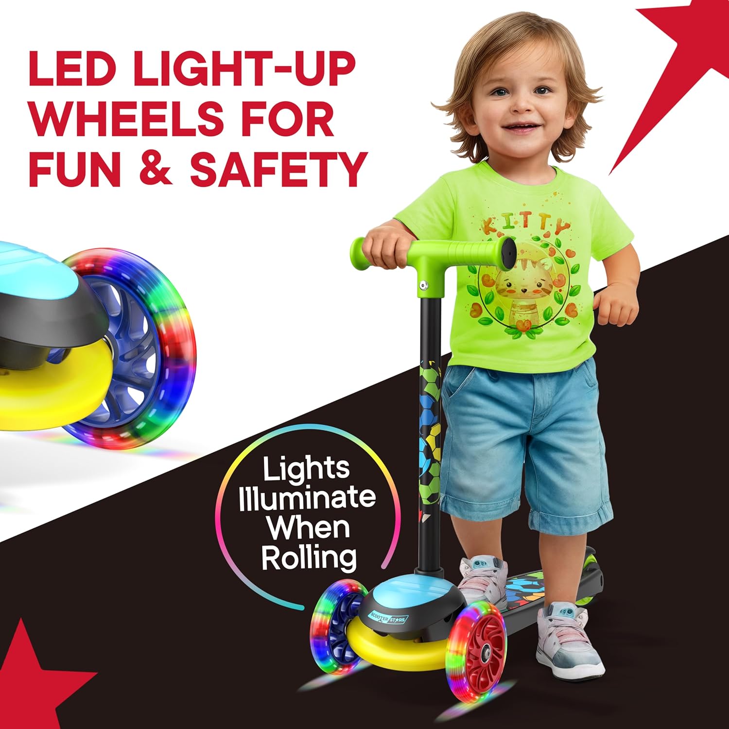 Scooter Stars 3-Wheel Kids Scooter with Light-Up LED Front Wheels, Wide Anti-Slip Deck, Rear Foot Brake, Lean-to-Steer Ride-On Toy