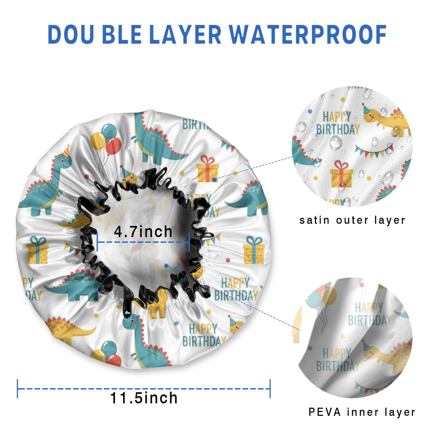 Shower Caps,White Cartoon Dinosaurs Birthday Pattern Waterproof Shower Cap for Women 4 Pieces,Double Reusable Hair Cover for Shower PEVA Elastic Stretch Hem
