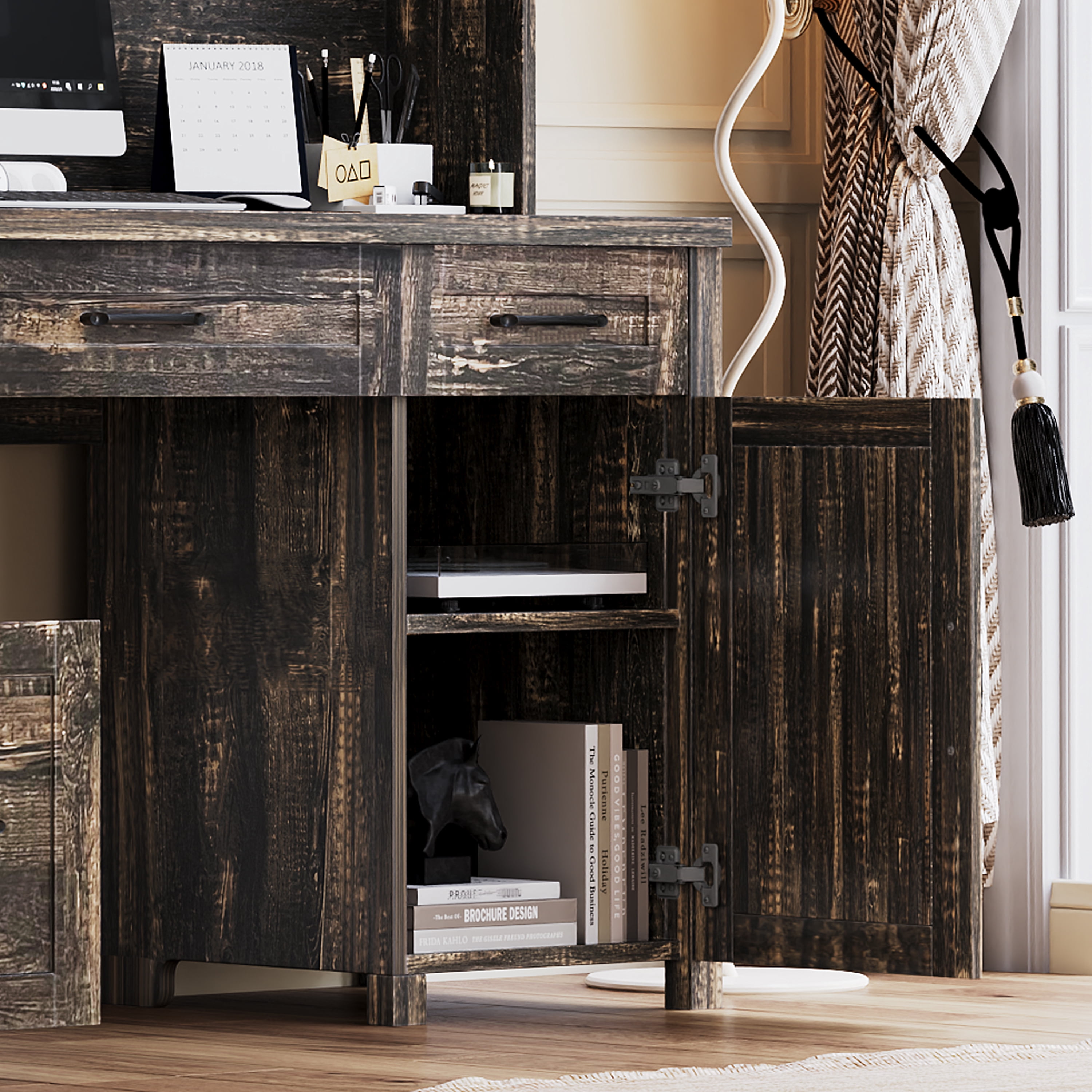 Mintazer Farmhouse Computer Desk with Storage Cabinets & Charging Station, Executive Desk with 2 Sliding Barn Doors and 5 Drawers & Adjustable Shelf for Home Office, Rustic Gray