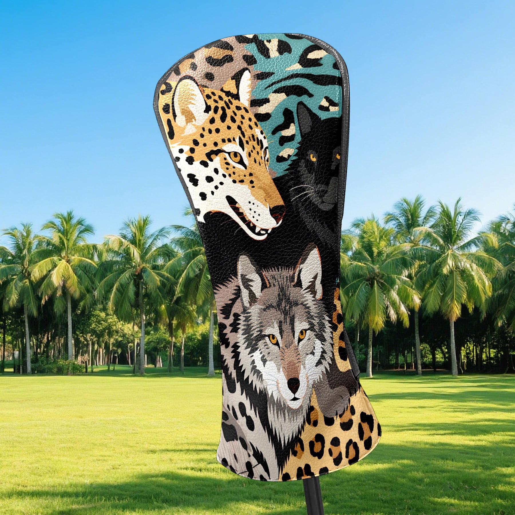 Golf Club Head Cover for Driver, Hybrid, Putter - Premium PU Leather, Waterproof, Scratch-Resistant, Velvet Lining, Unisex Gift (Wolf Leopard)