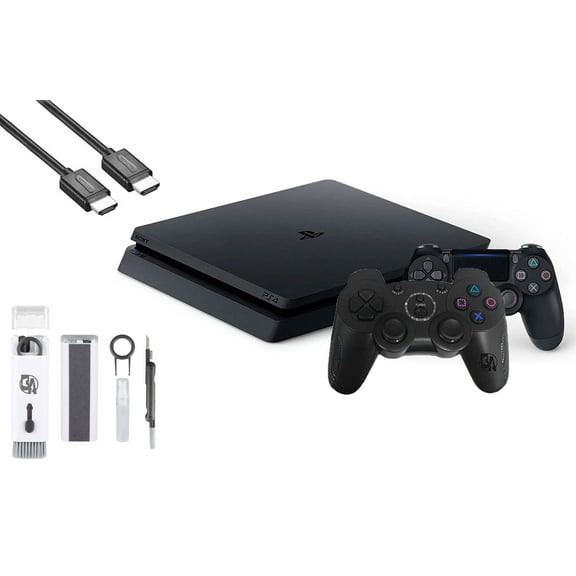 Pre-Owned Sony 2215B PlayStation 4 Slim 500GB Gaming Console Black, HDMI Cable 2 Controller With BOLT AXTION Cleaning Kit Bundle