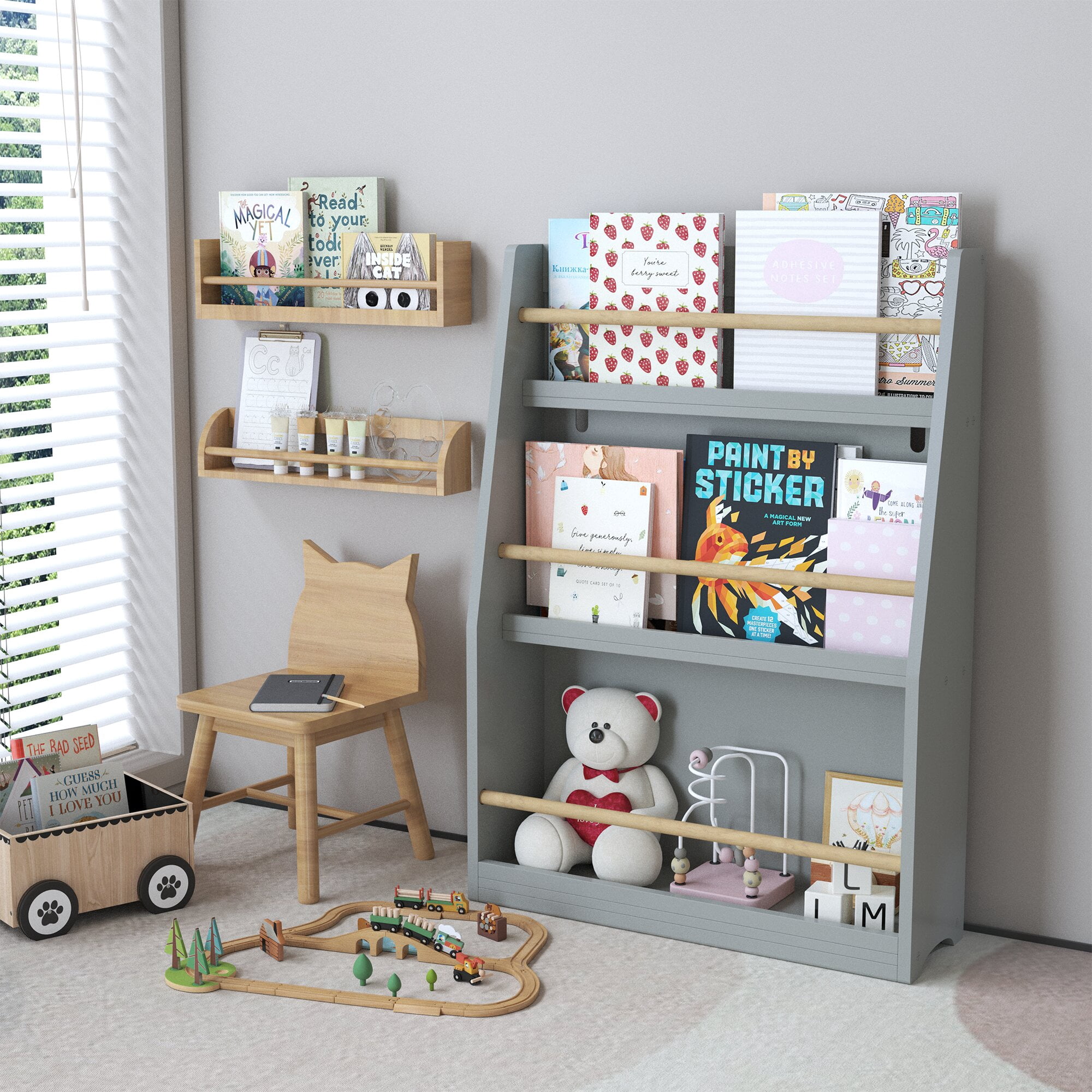 Yoneston Kids 3-Tier Bookcase with Wood Rails, Children's Standing Display Bookshelf for Playroom, Bedroom, Nursery, Gray