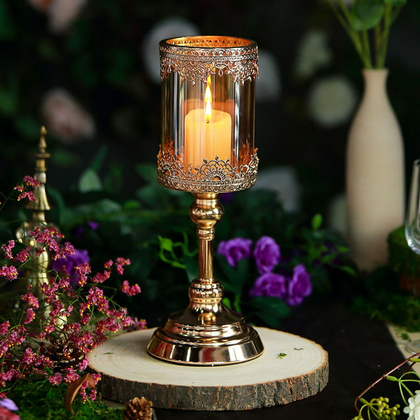 Efavormart Gold Lace Design Amber Glass Hurricane Candle Holder Table ...