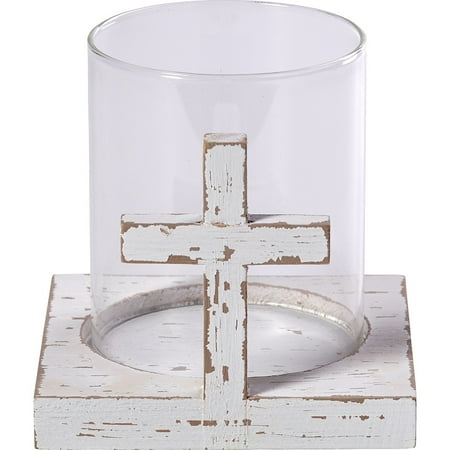 Candle House Crafts - Precious Moments Rustic Farmhouse Distressed Cross Wood And Glass Votive Candle Holder 173429