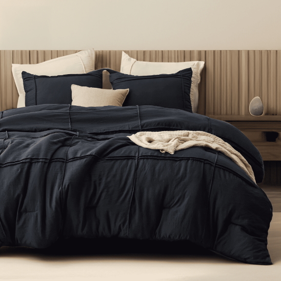 U by Bedsure Queen Comforter Set with Sheet - 4 Pieces Soft Black Bedding Sets, Grid Pinch Pleat, All Season Lightweight Fluffy Bed Set with Solid Boho Comforter, Pillowcases & Sheet