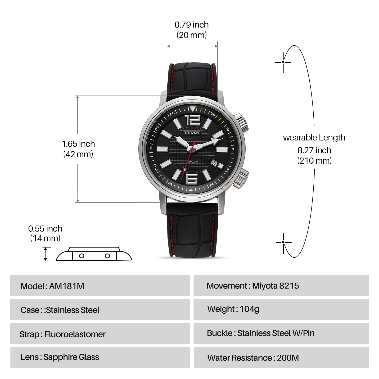 BERNY Automatic Dive Watches for Men, Sport 200M Waterproof Analog Mechanical Watch with Date, Super Luminous, Fluororubber Strap, Sapphire Crystal, Fashion Men's Pro Diver Watch (Black)