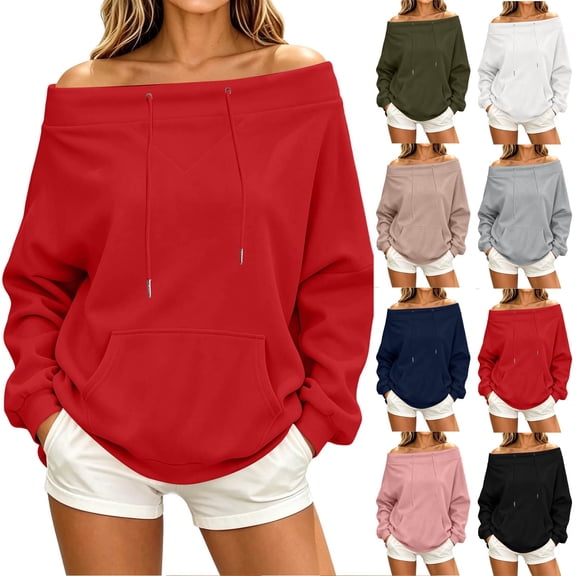 Oksale Off Shoulder Sweatshirt Women with Pockets Casual Drawstring Loose Long Sleeve Oversized Sweatshirts Fall Fashion Clothing White S