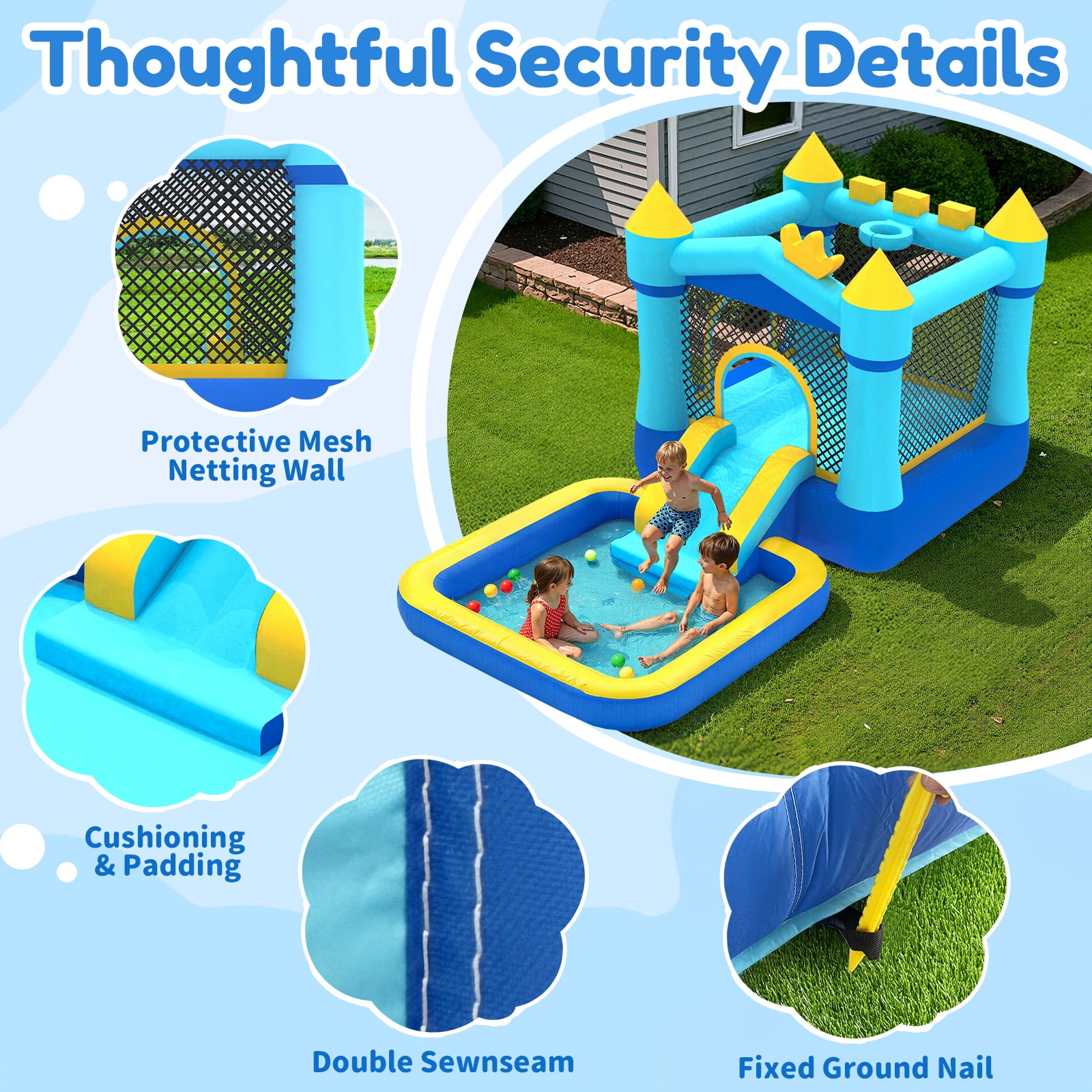 Mukidy 145''x 75'' x 73'' Inflatable Bounce Houses for Kids 3-8 with Blower Ball Pit and Large Pool Outdoor/Indoor Bouncy House, PVC, Child, Teen, Toddler，Blue