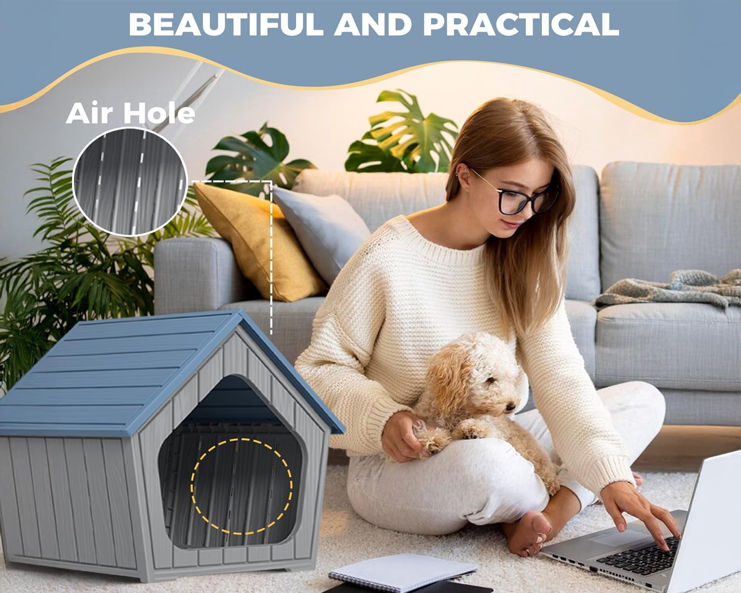 Dog House Indoor Outdoor Durable Resin Material Houses for Dogs Outside Weatherproof Cozy Small Dog Houses Pet Shelter for Patio, Porch, Living Room