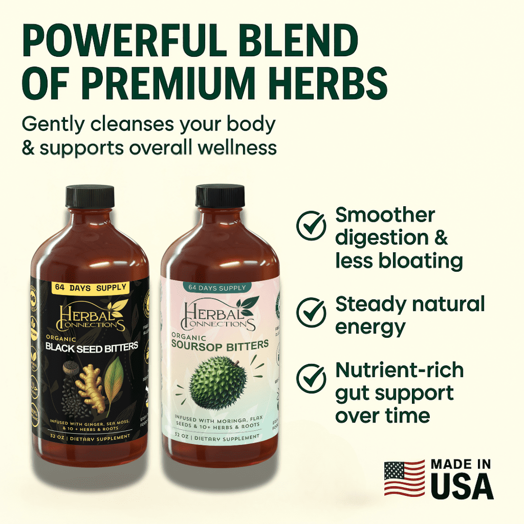 Black Seed & Soursop Bitters Bundle – 32 oz Each (64-Day Supply) By Herbal Connections -Vegan Organic Herbal Tonic for Overall Wellness – No Sugar, Made in USA