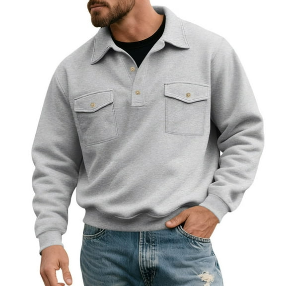 Paiwinds Men's Lapel Collar Pullover Sweatshirt, Long Sleeve Casual Top with Multiple Cargo Pockets, Solid Color Comfort Fit Streetwear for Daily Wear