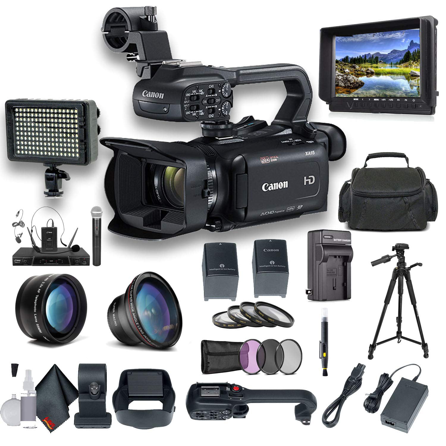 2 Extra Batteries and Charger Rode VM-GO Mic Professional Bundle Tripod LED Light Screen Canon XA15 Compact Full HD Camcorder 2217C002 with 2-64GB Cards and Sony MDR-7506 Headphones Case 
