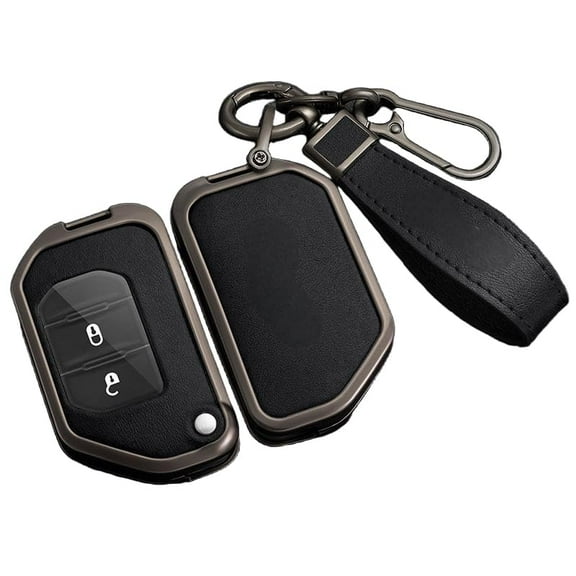for Jeep Key Fob Cover, Leather Zinc Alloy Key Fob Case for 2018-2025 Wrangler JL JLU Rubicon, 2020-2025 Gladiator JT Sahara JLU Flip Key Fob